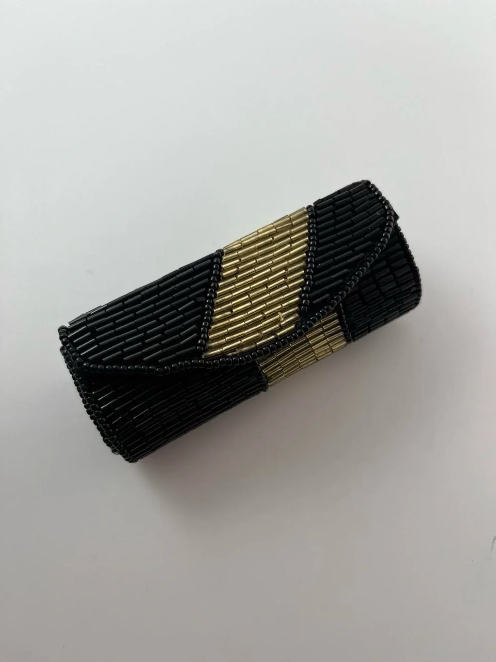 Vintage Lancome Beaded Lipstick Case Black and Gold Compact Mirror